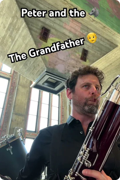 Moritz Winker with a bassoon in a Peter and the Wolf video