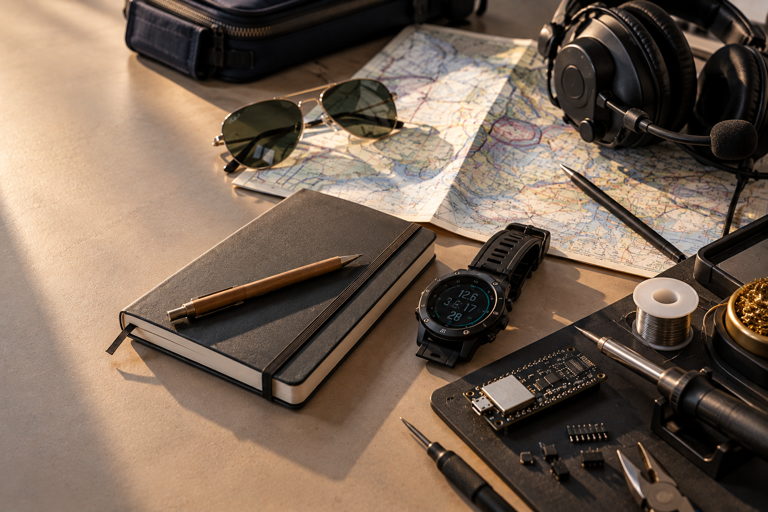 Map, headphones and travel gear on a desk