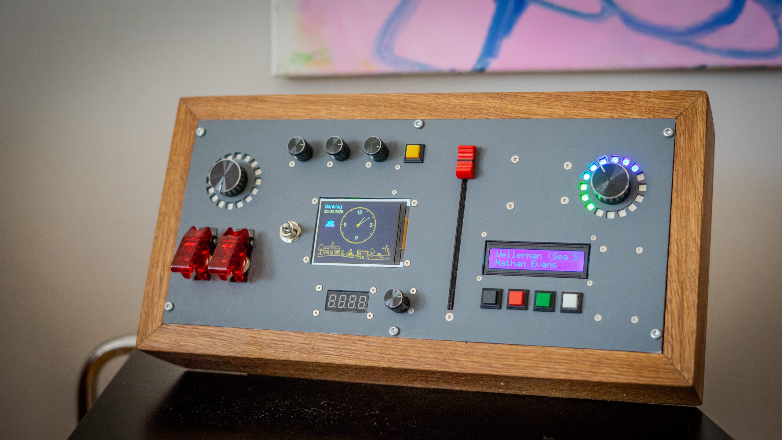 Hand-built smart home controller in a wooden case
