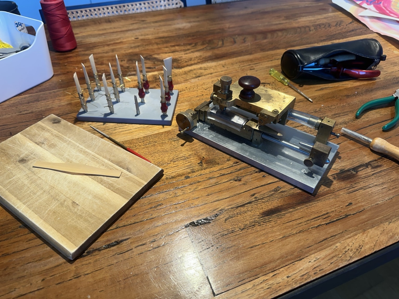 Bassoon reed-making bench with tools and cane